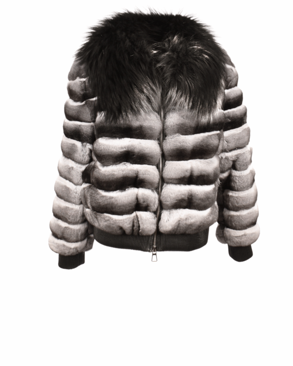 Chinchilla Zip Bomber with Metallic Dyed Silver Fox Collar