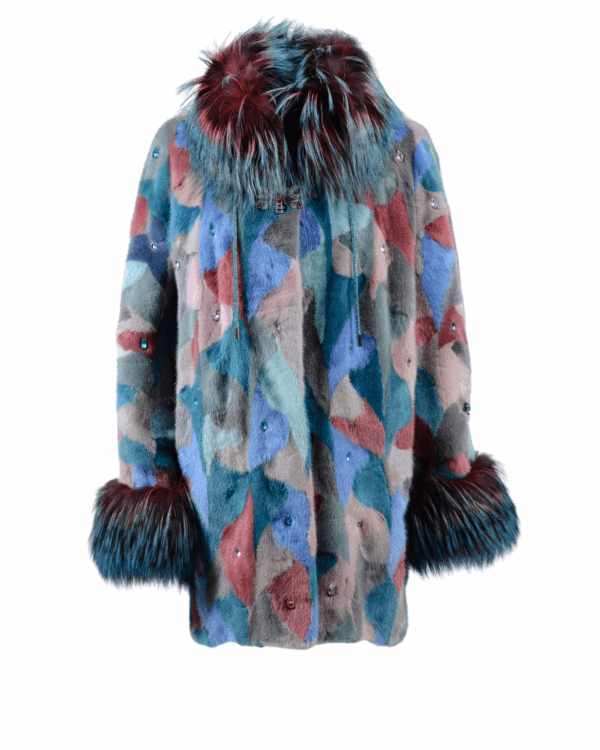 Multicolor Mosaic Mink Stroller w/ Fox Collar/Cuffs & Crystals