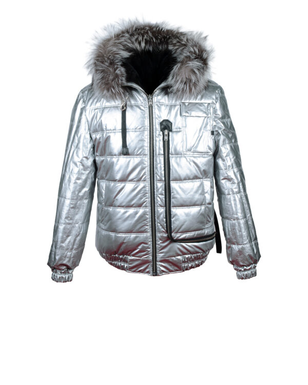 Men's Metallic Chrome Puffer Reversible to Black Persian Lamb Bomber Jacket w/ Fox Hood Trim