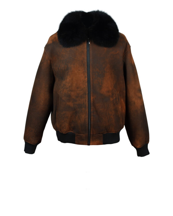 Men's Rust Suede Bomber with Fox Collar